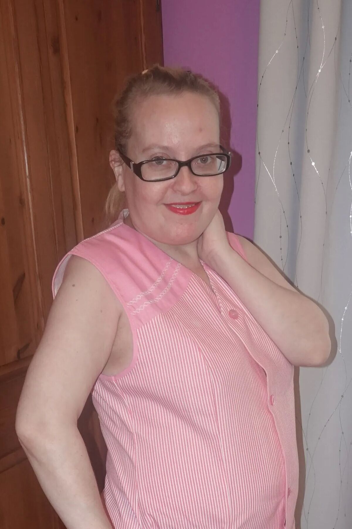 Nylon stockings and suspenders with smock