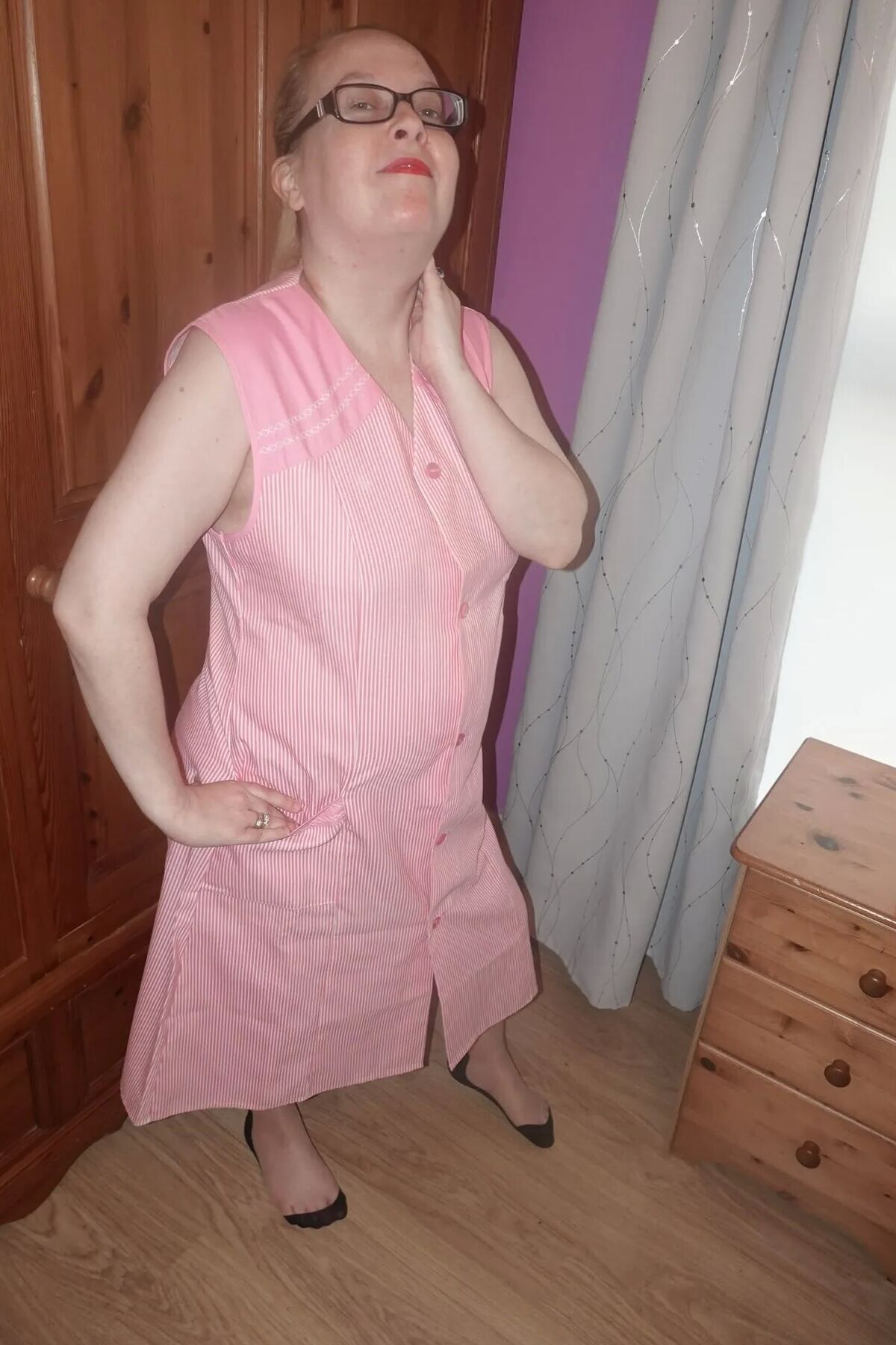Nylon stockings and suspenders with smock