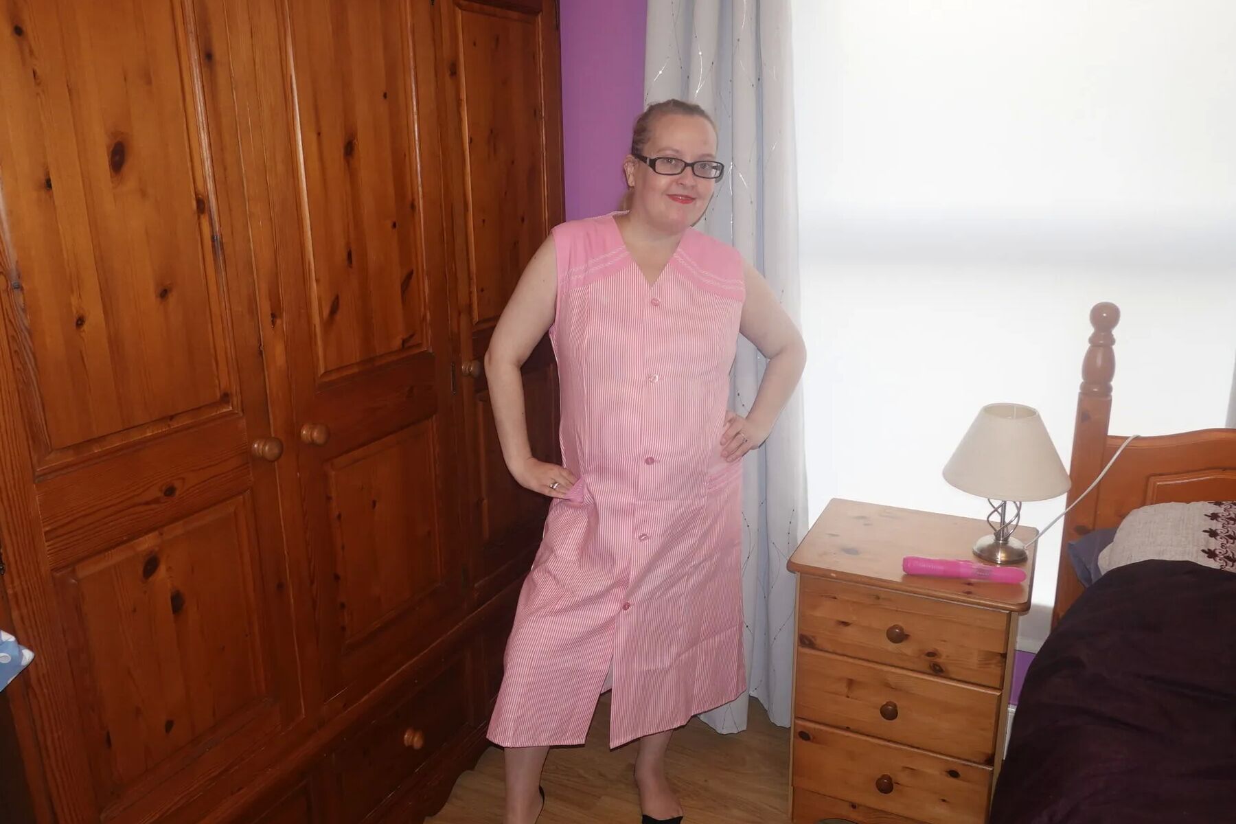Nylon stockings and suspenders with smock