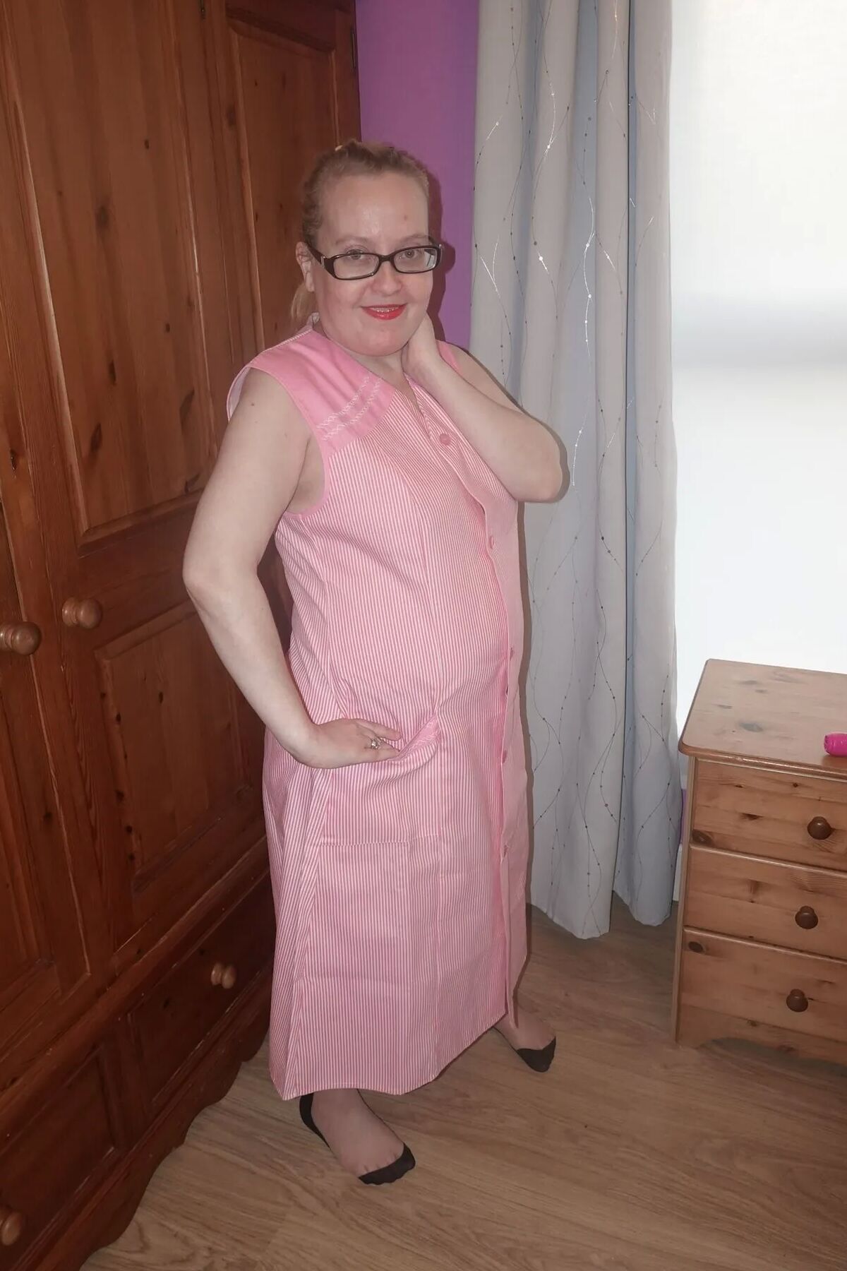 Nylon stockings and suspenders with smock