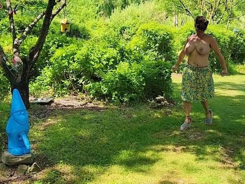 Mommy's Re-purposed Used Dildos.  Hugh-Titted Garden Walk
