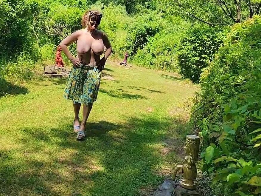 Mommy's Re-purposed Used Dildos.  Hugh-Titted Garden Walk