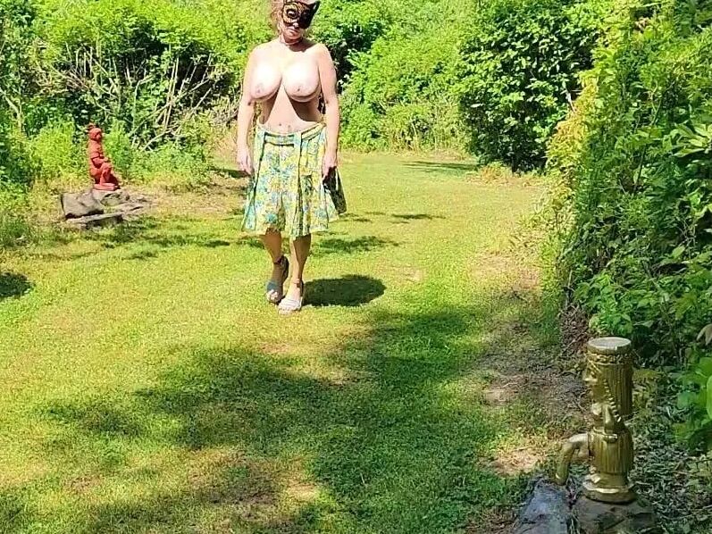 Mommy's Re-purposed Used Dildos.  Hugh-Titted Garden Walk
