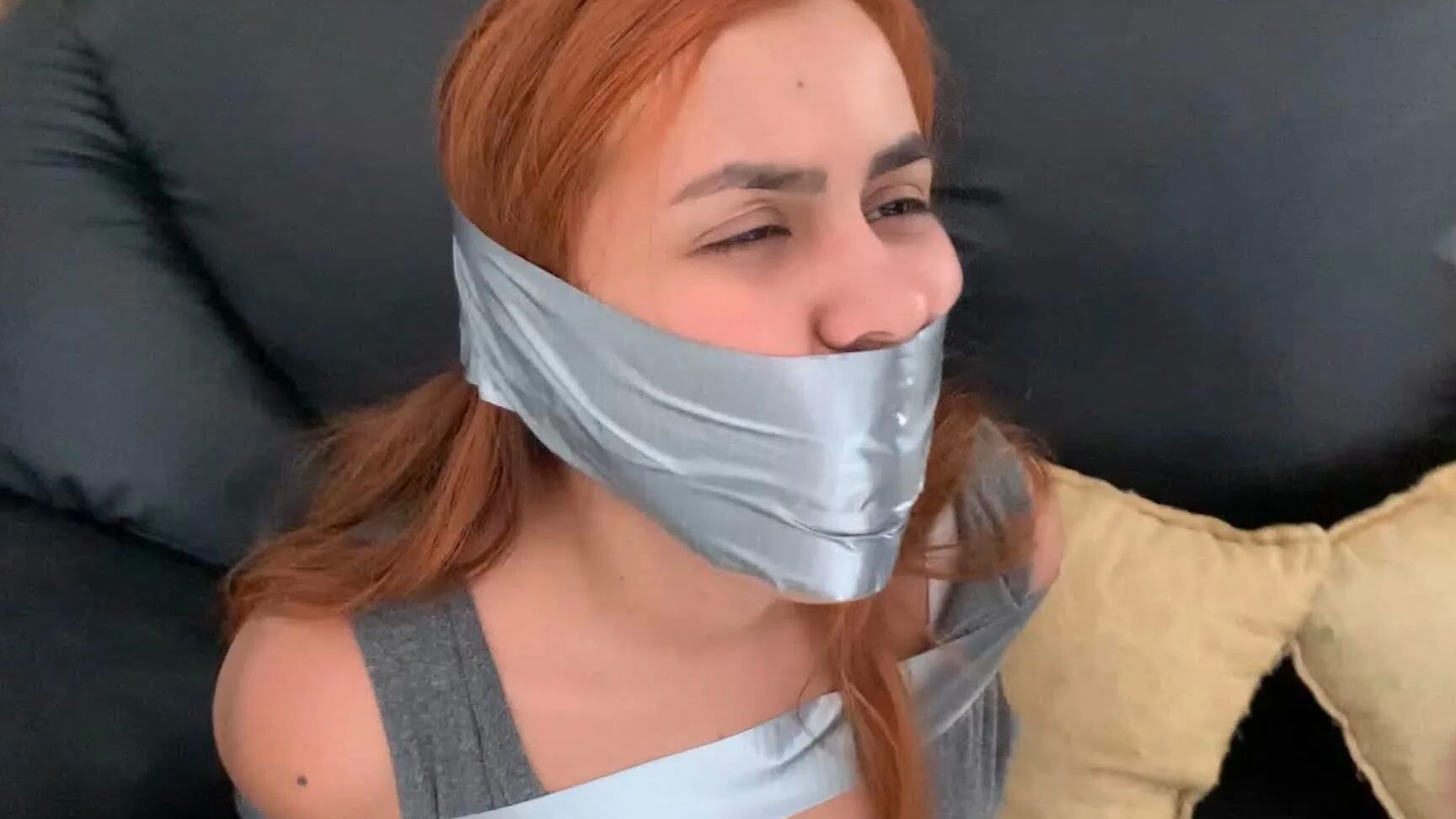 Hogtaped Student Lectured With Foot Whipping In Tape Bondage