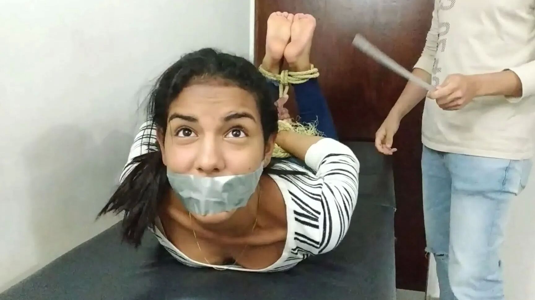 Hogtied Bondage Beauty Has Feet Whipped And Worshipped!
