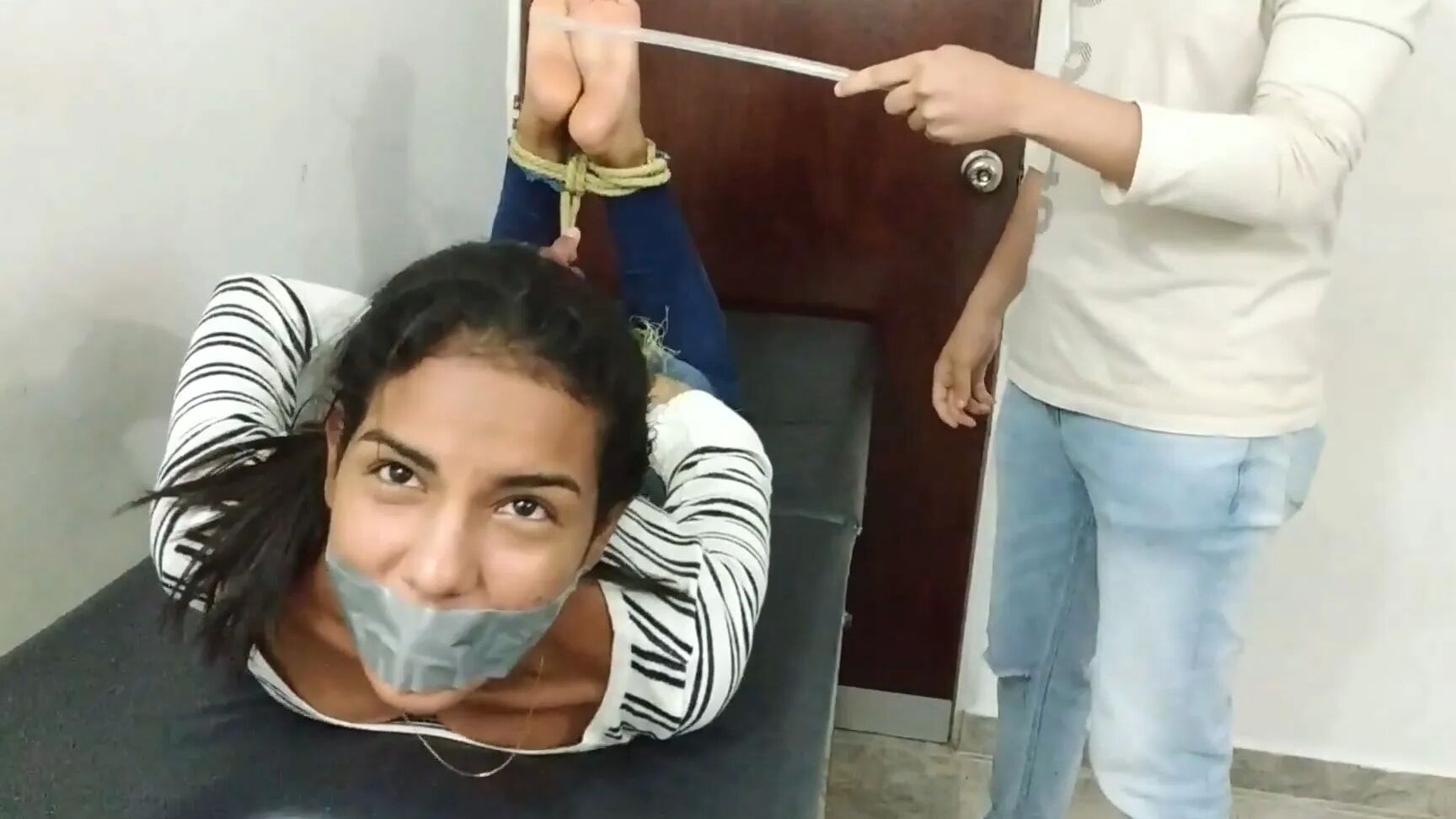 Hogtied Bondage Beauty Has Feet Whipped And Worshipped!