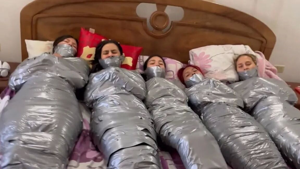 5 Mummified Girls Barefoot In Duct Tape Bondage