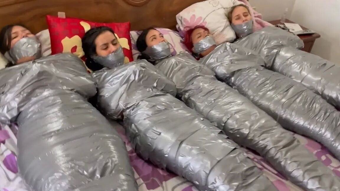 5 Mummified Girls Barefoot In Duct Tape Bondage