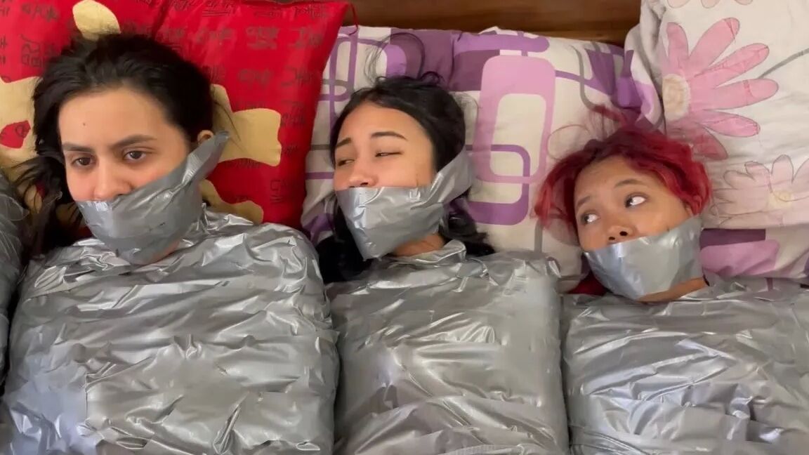 5 Mummified Girls Barefoot In Duct Tape Bondage