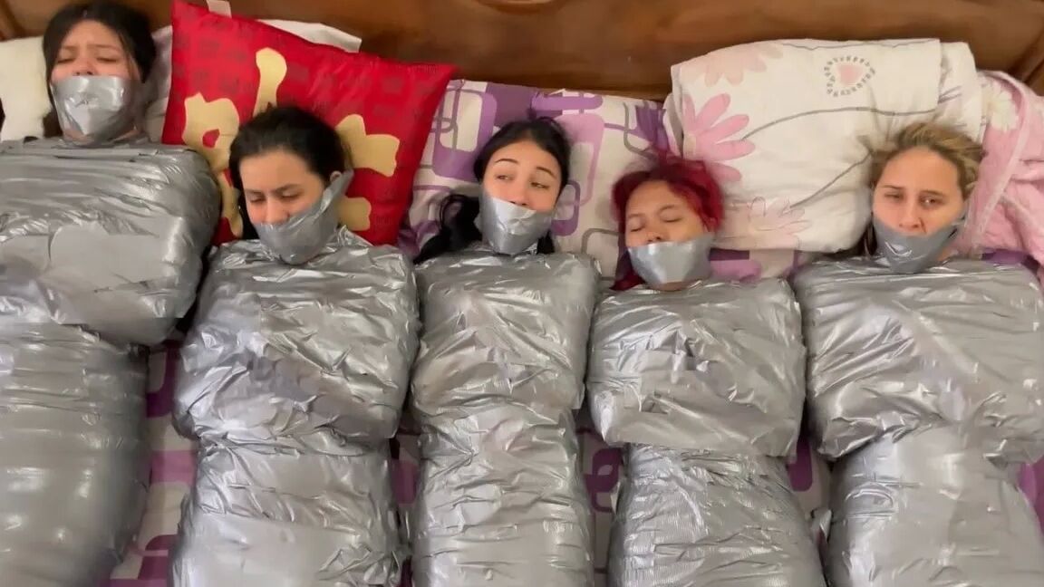 5 Mummified Girls Barefoot In Duct Tape Bondage