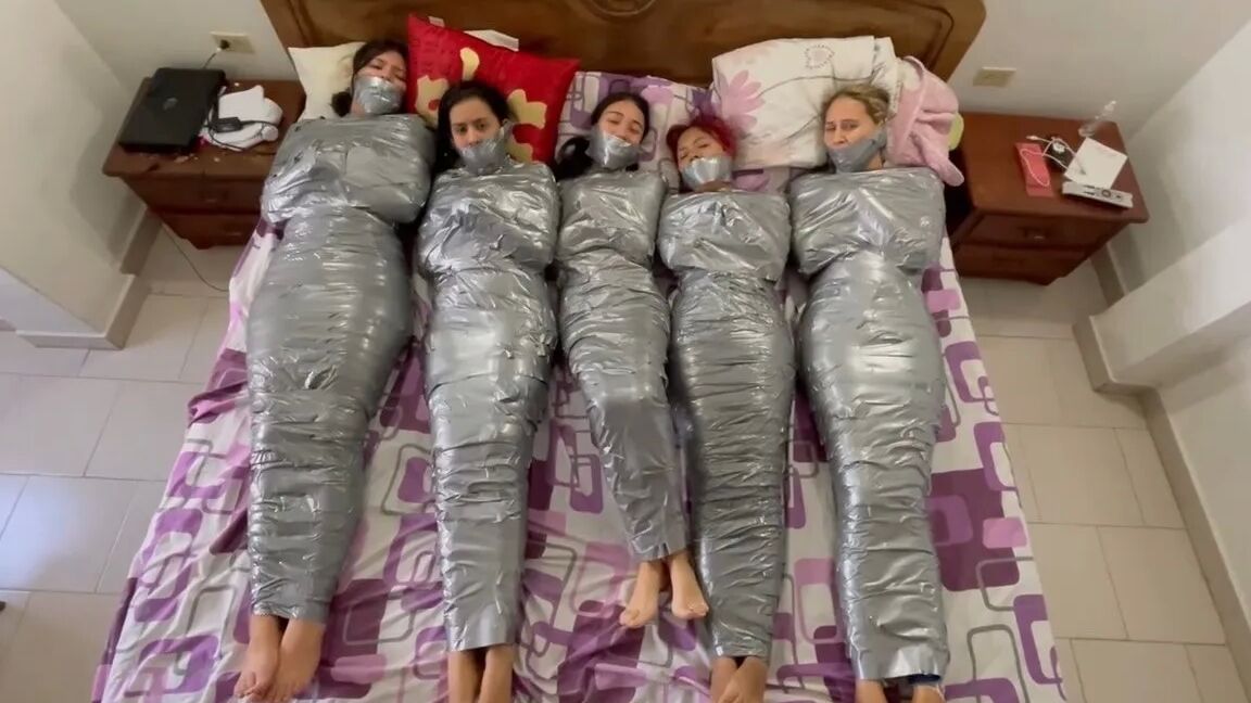 5 Mummified Girls Barefoot In Duct Tape Bondage