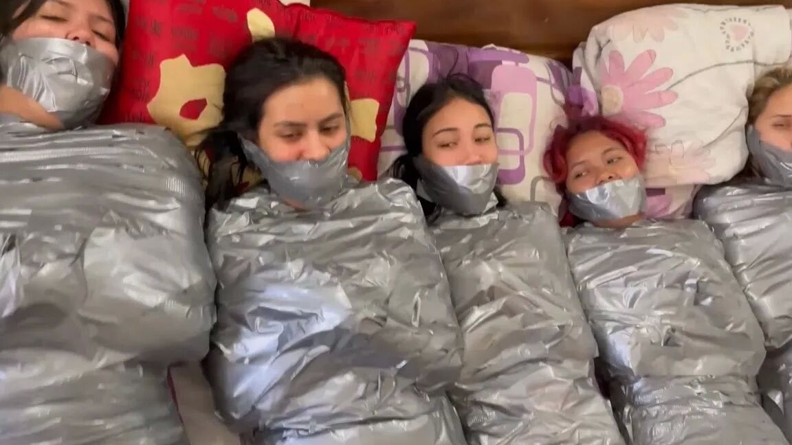 5 Mummified Girls Barefoot In Duct Tape Bondage