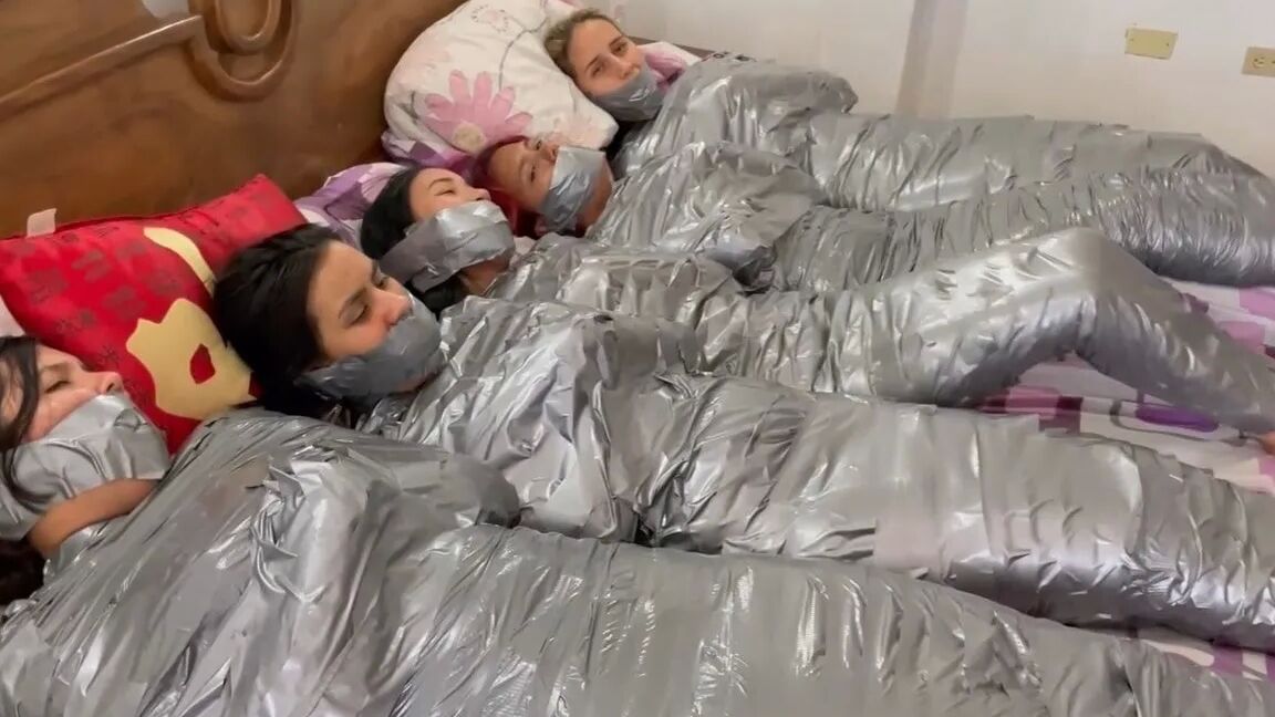 5 Mummified Girls Barefoot In Duct Tape Bondage
