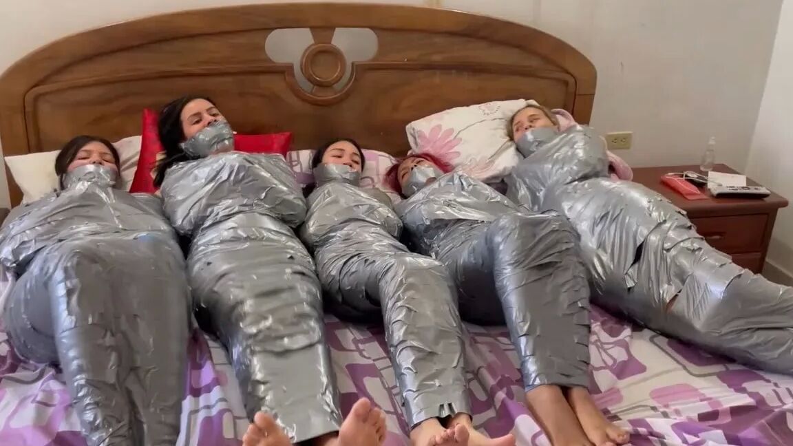 5 Mummified Girls Barefoot In Duct Tape Bondage