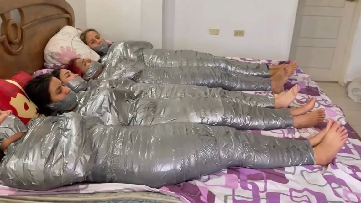 5 Mummified Girls Barefoot In Duct Tape Bondage