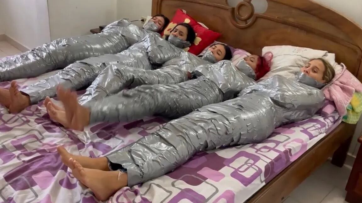 5 Mummified Girls Barefoot In Duct Tape Bondage