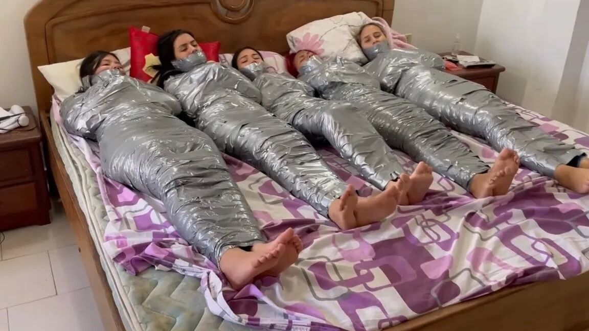 5 Mummified Girls Barefoot In Duct Tape Bondage