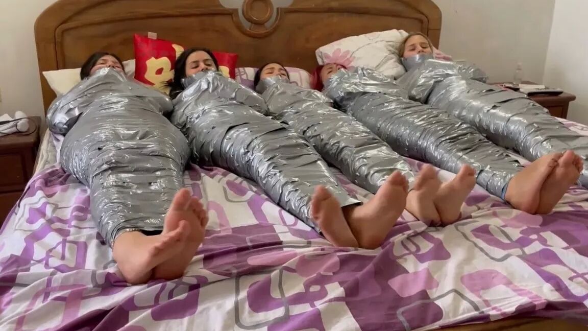 5 Mummified Girls Barefoot In Duct Tape Bondage