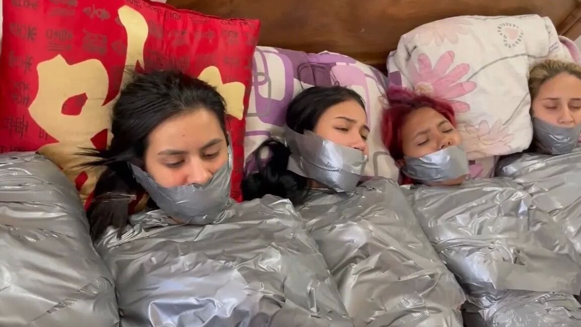 5 Mummified Girls Barefoot In Duct Tape Bondage
