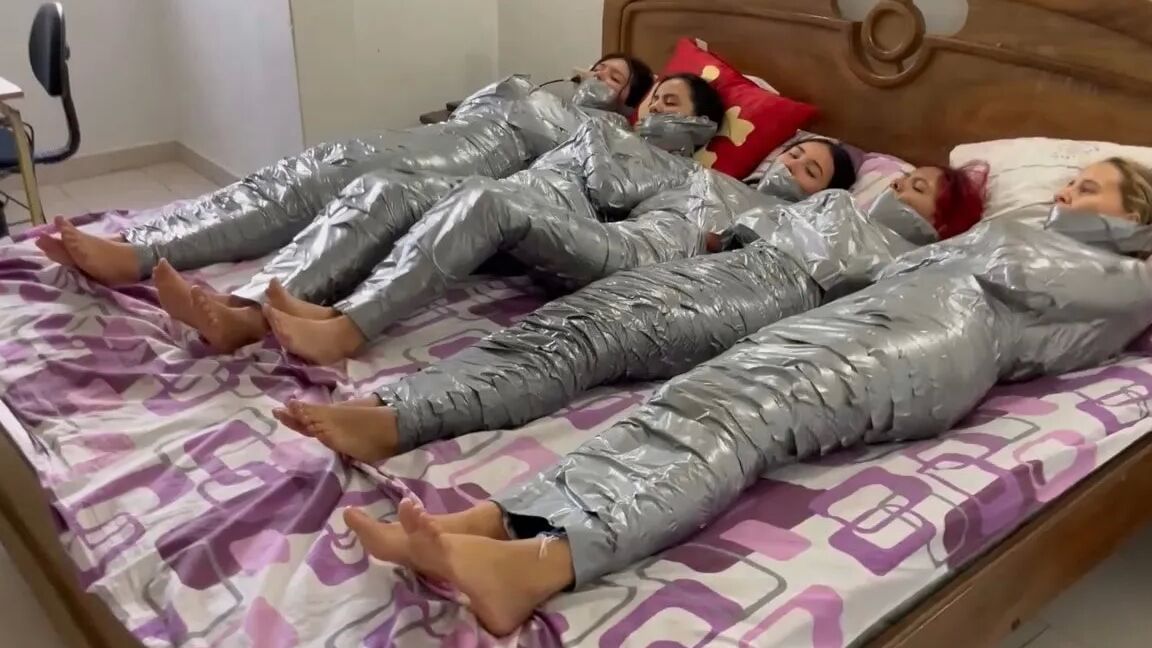 5 Mummified Girls Barefoot In Duct Tape Bondage