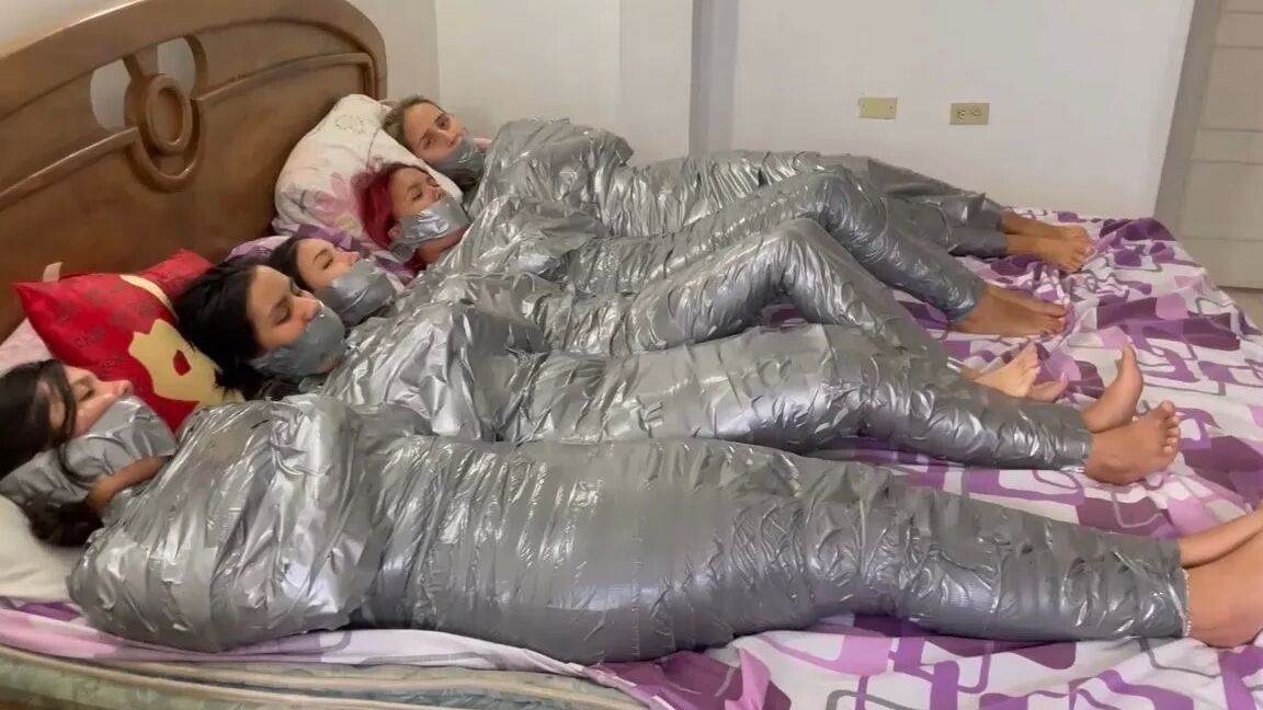 5 Mummified Girls Barefoot In Duct Tape Bondage