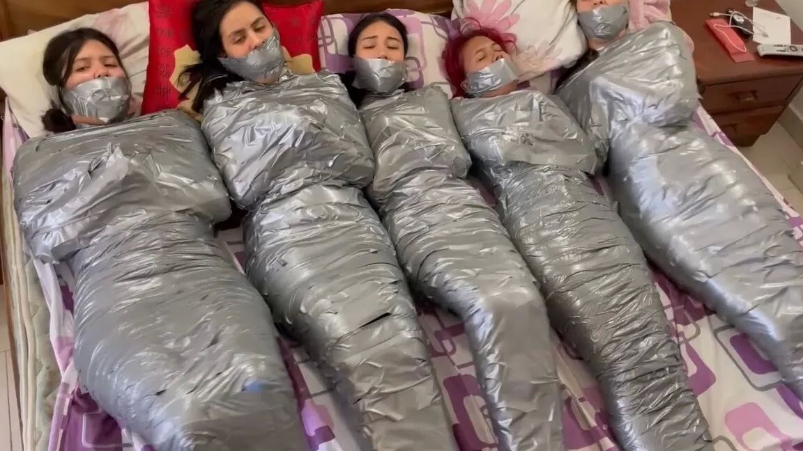 5 Mummified Girls Barefoot In Duct Tape Bondage