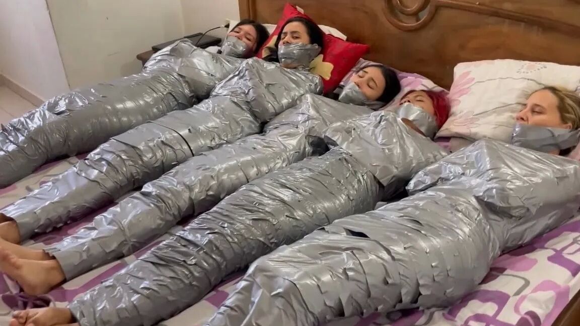 5 Mummified Girls Barefoot In Duct Tape Bondage