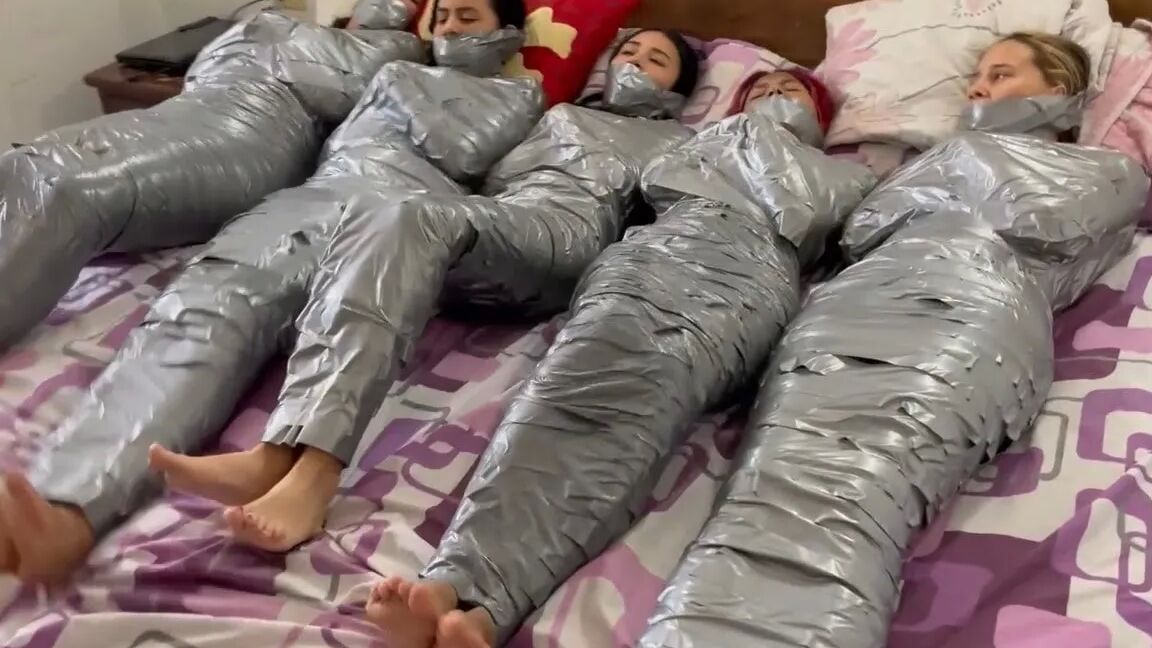 5 Mummified Girls Barefoot In Duct Tape Bondage