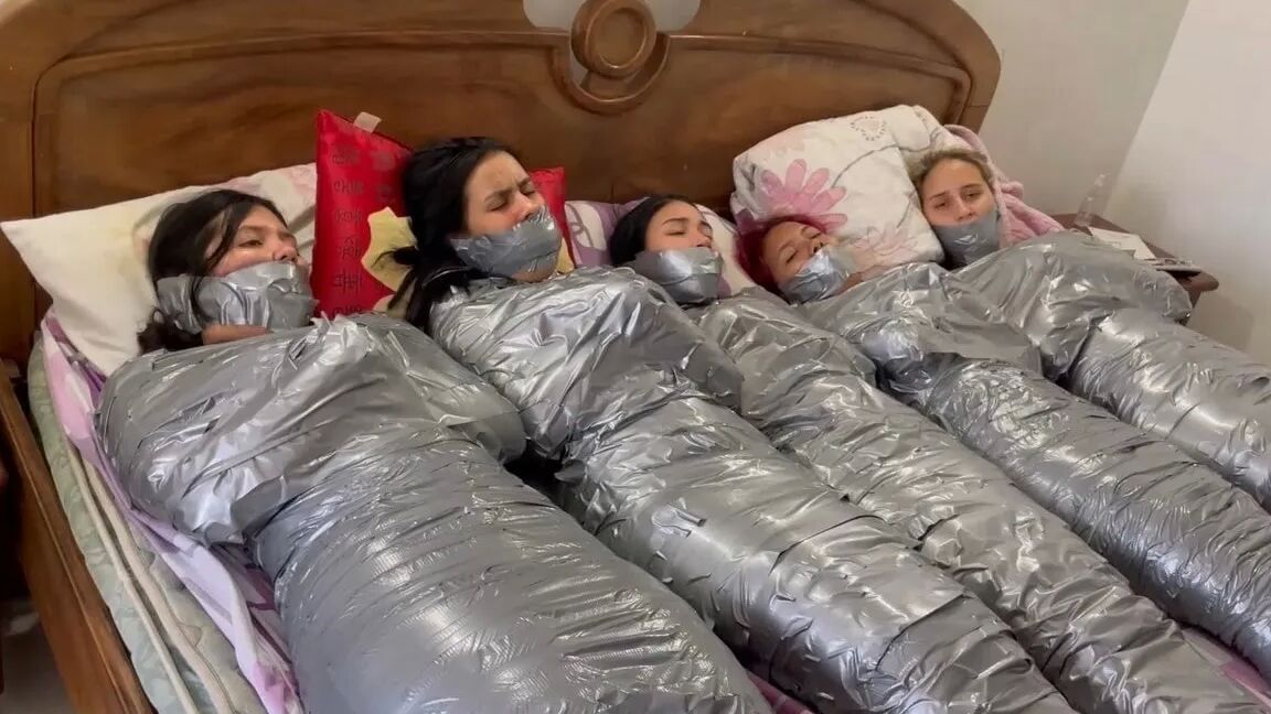 5 Mummified Girls Barefoot In Duct Tape Bondage