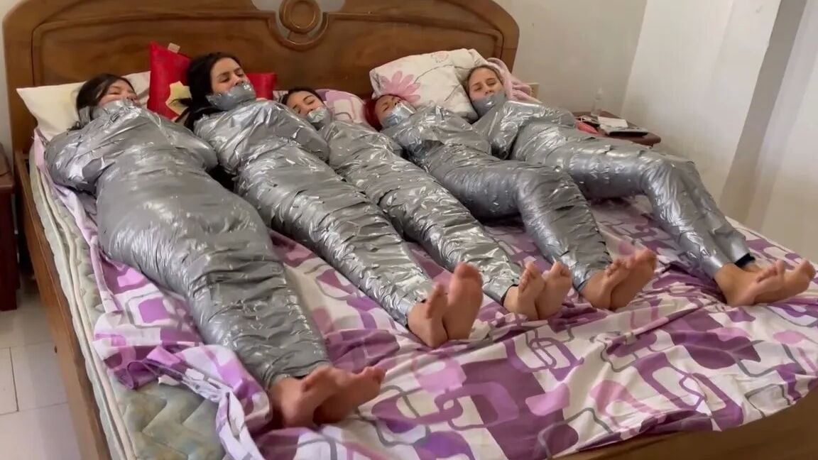 5 Mummified Girls Barefoot In Duct Tape Bondage
