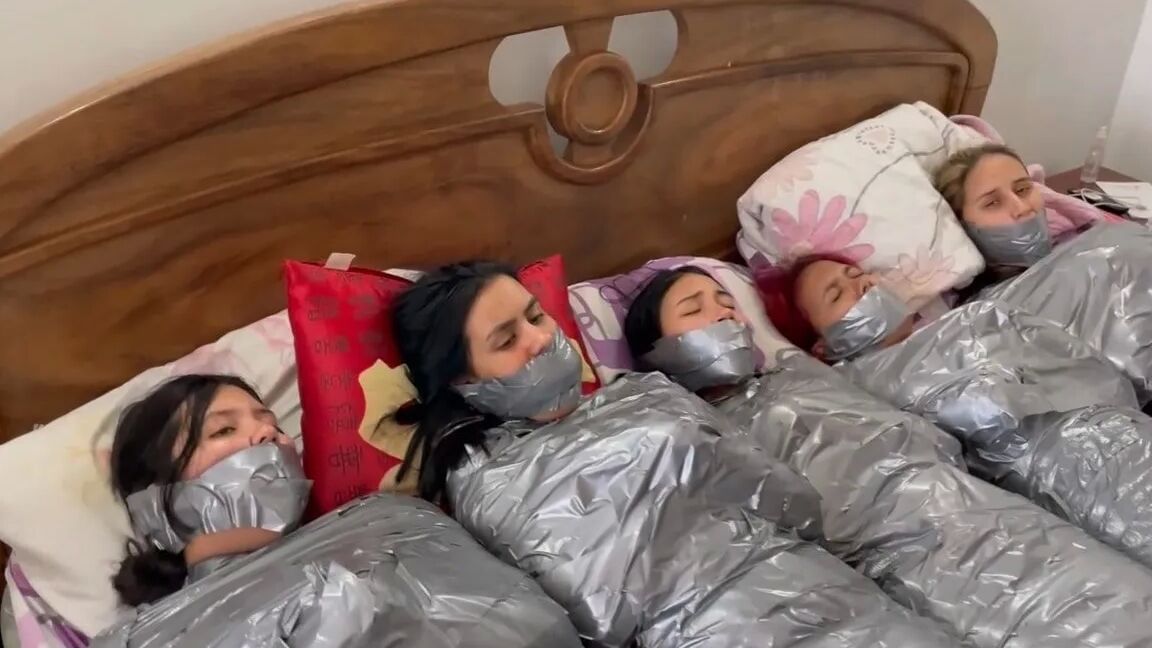 5 Mummified Girls Barefoot In Duct Tape Bondage