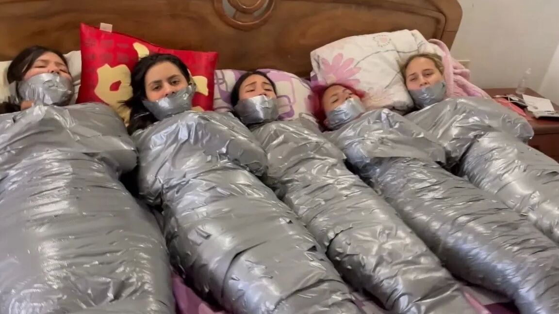 5 Mummified Girls Barefoot In Duct Tape Bondage