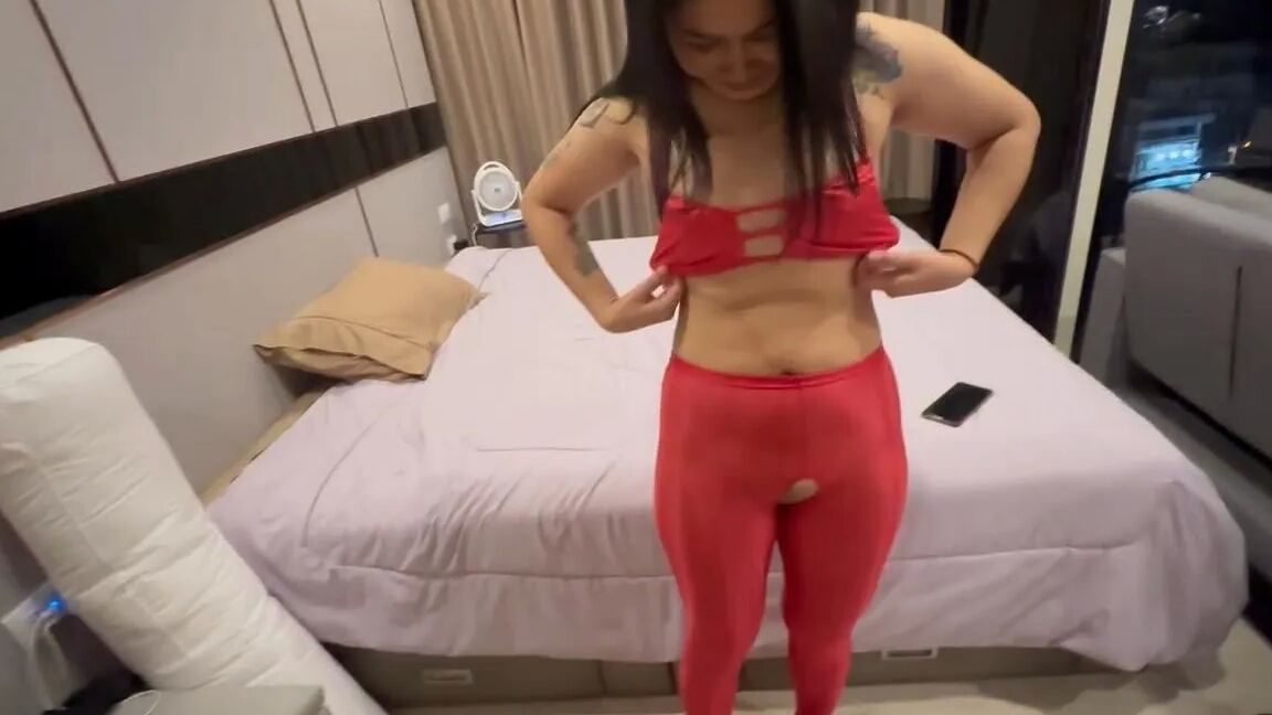 Thai in Red Stockings and Satin Bra