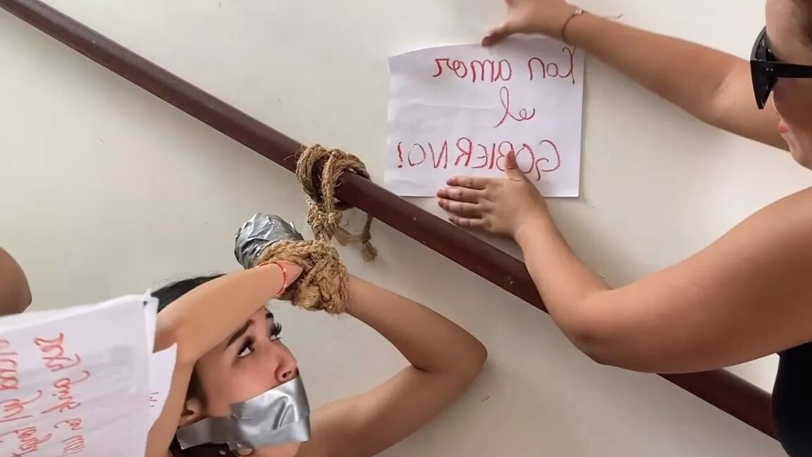18-Year-Old Girl Bound By Bad Bitches - Selfgags