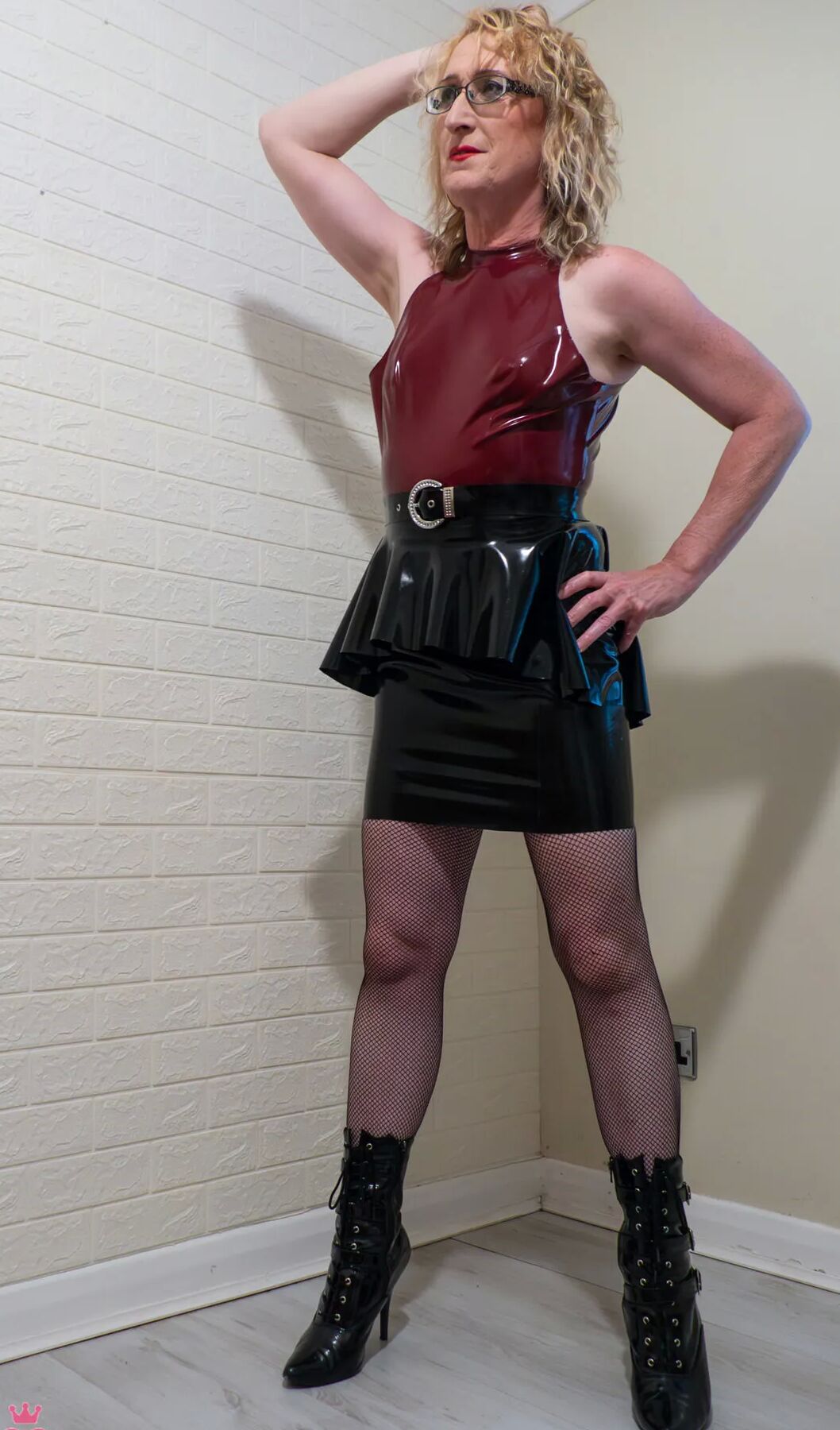 Colour Latex Dress, Boots and Fishnets on British Milf