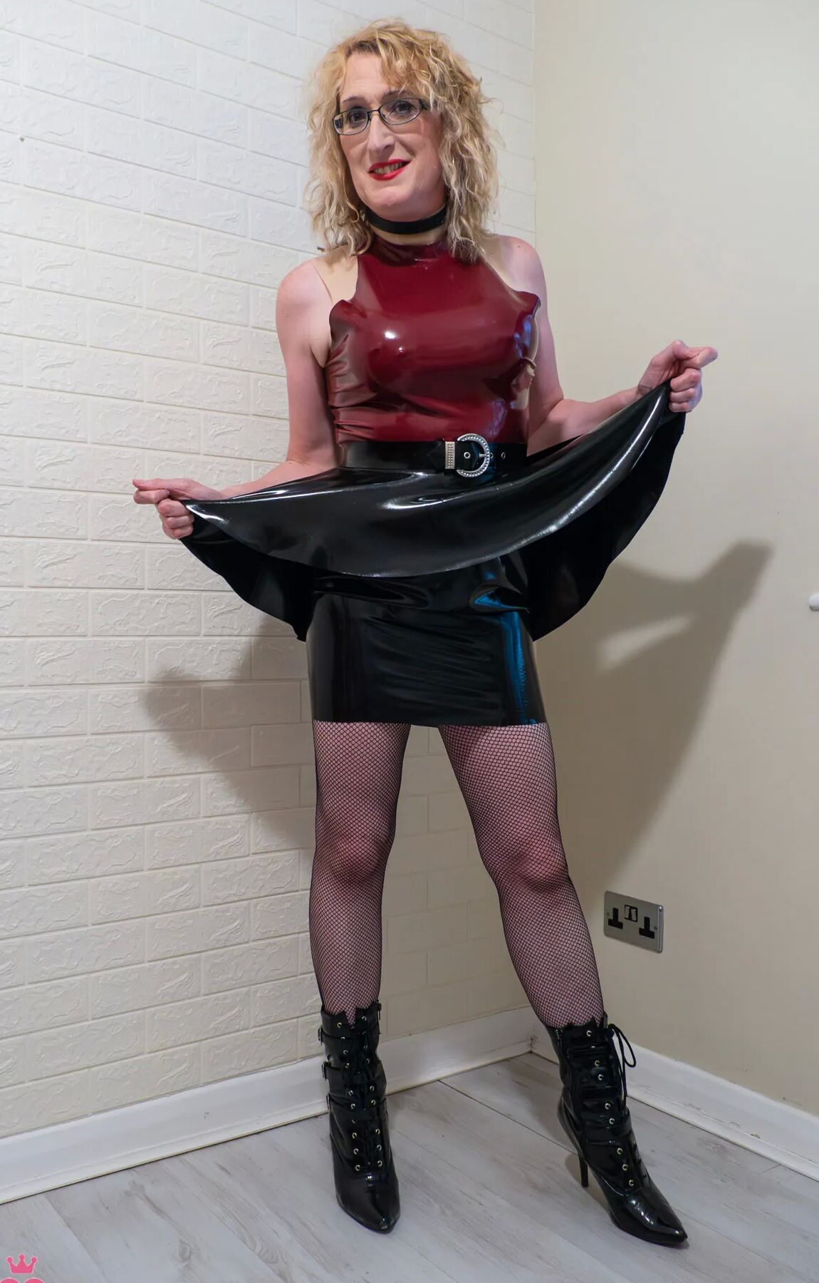 Colour Latex Dress, Boots and Fishnets on British Milf