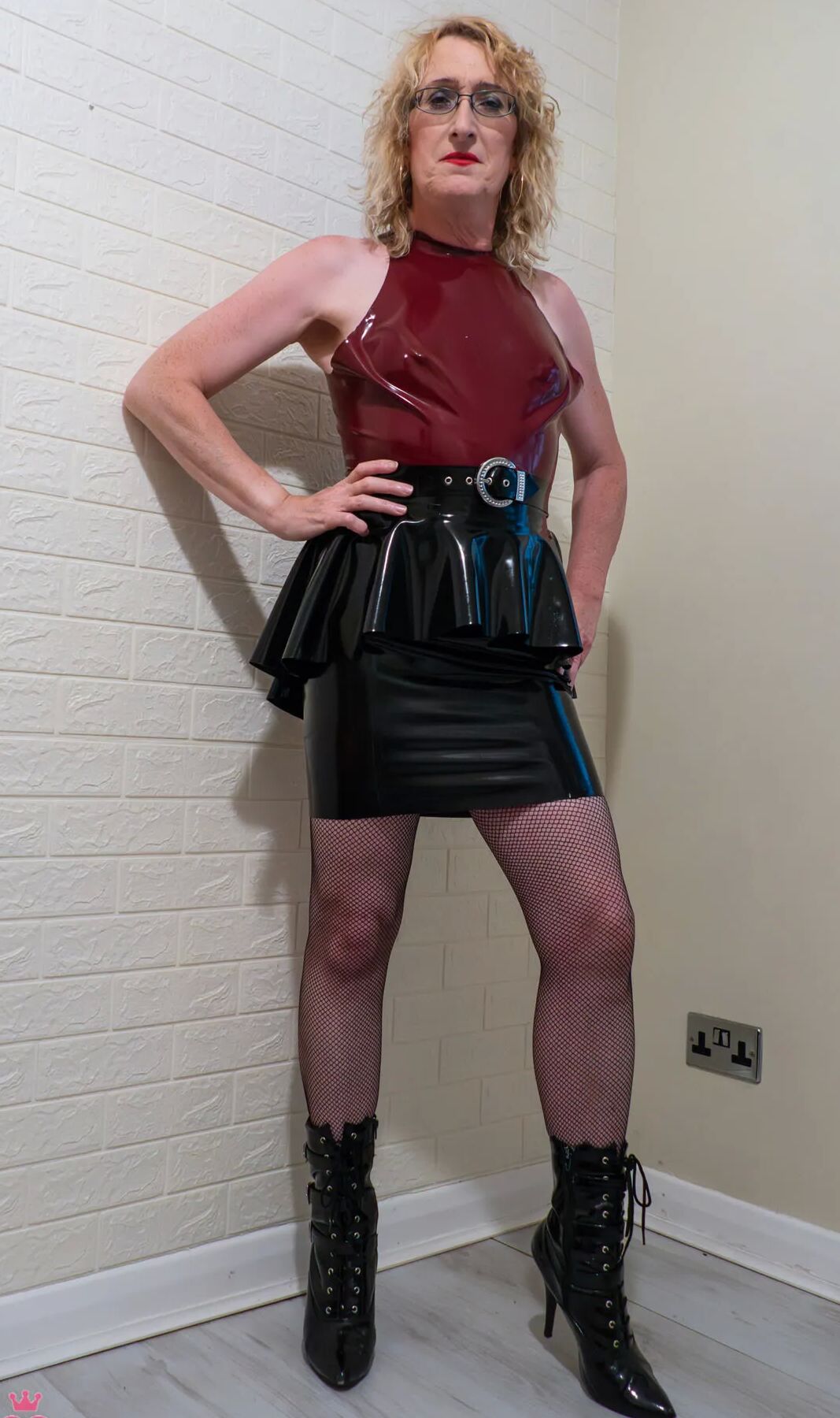 Colour Latex Dress, Boots and Fishnets on British Milf