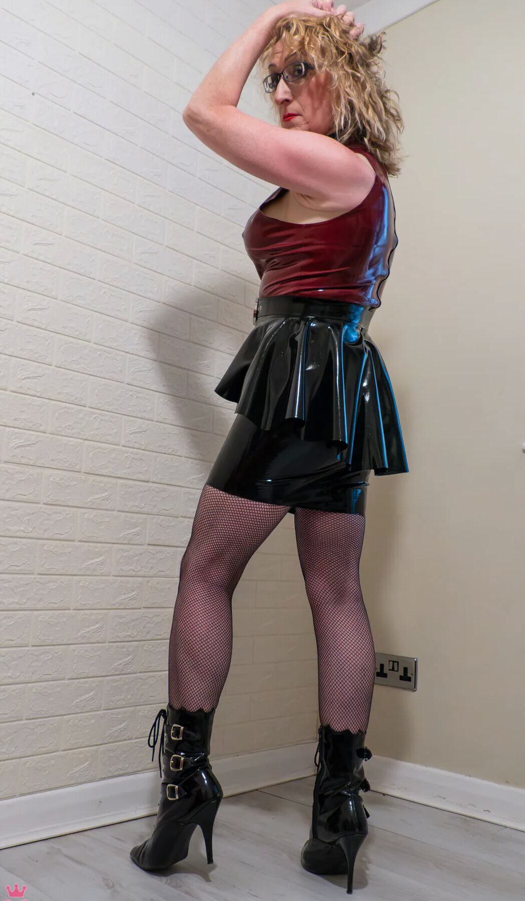 Colour Latex Dress, Boots and Fishnets on British Milf