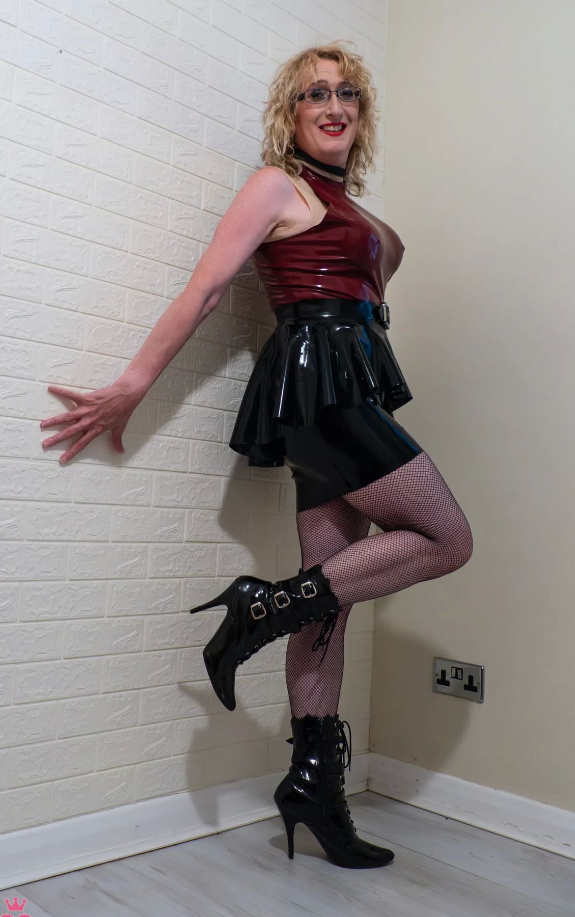 Colour Latex Dress, Boots and Fishnets on British Milf