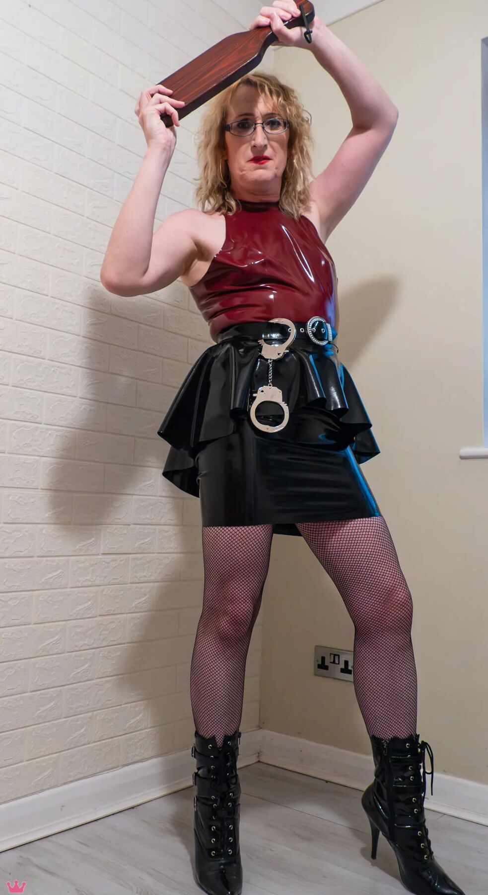 Colour Latex Dress, Boots and Fishnets on British Milf