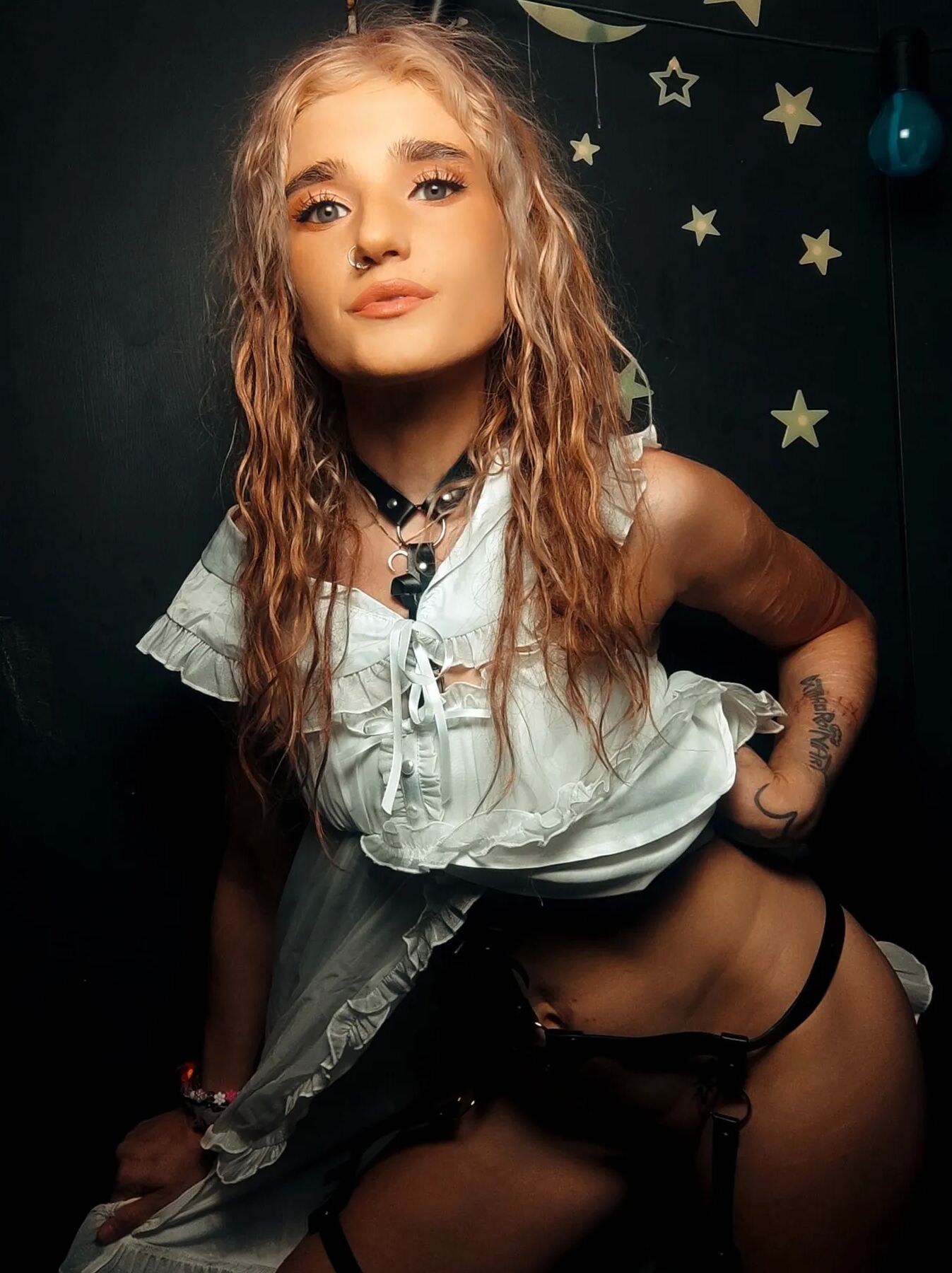 I'm dressed in only a nightgown and bondage belts