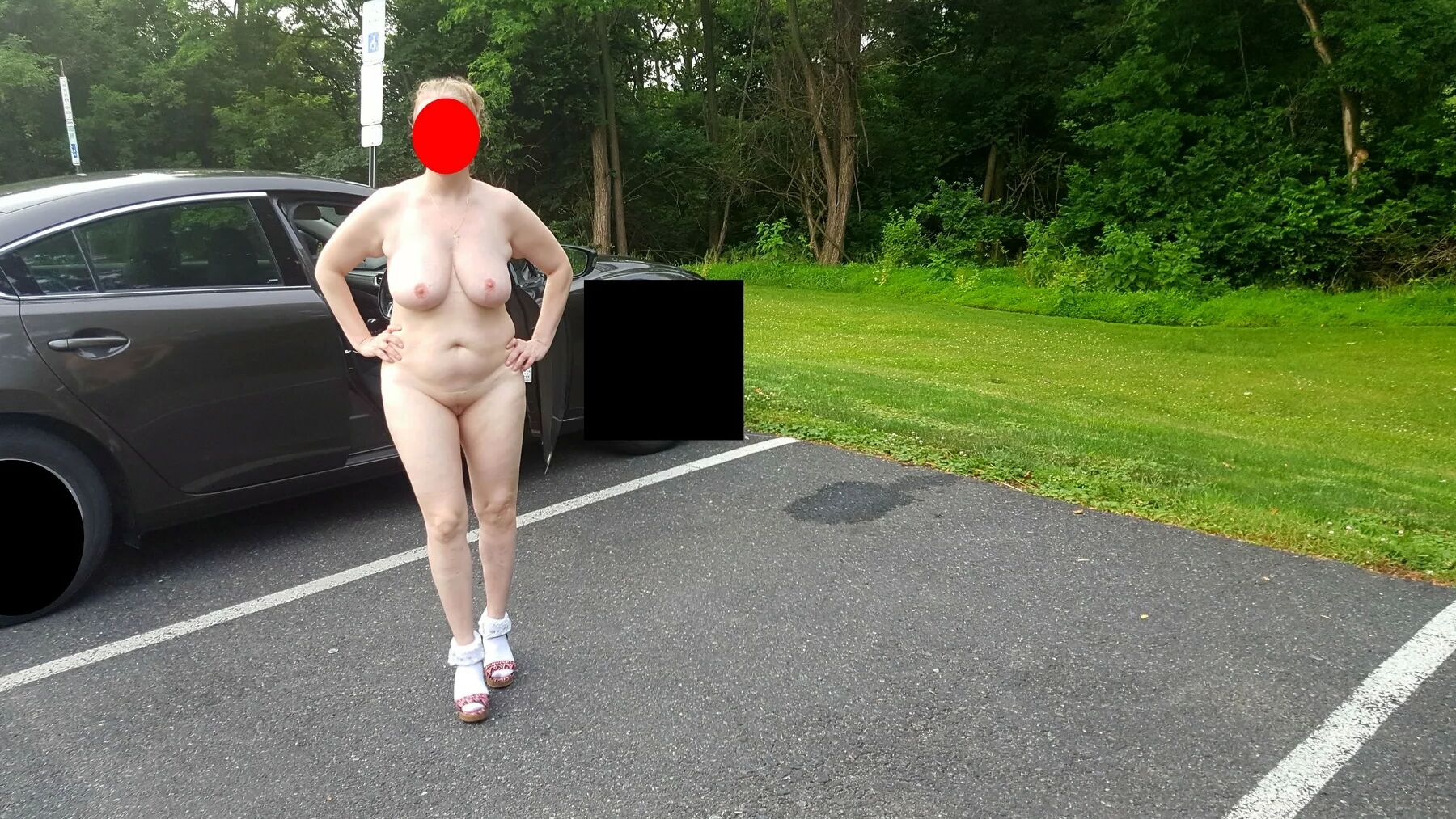 Naked parking lot walk