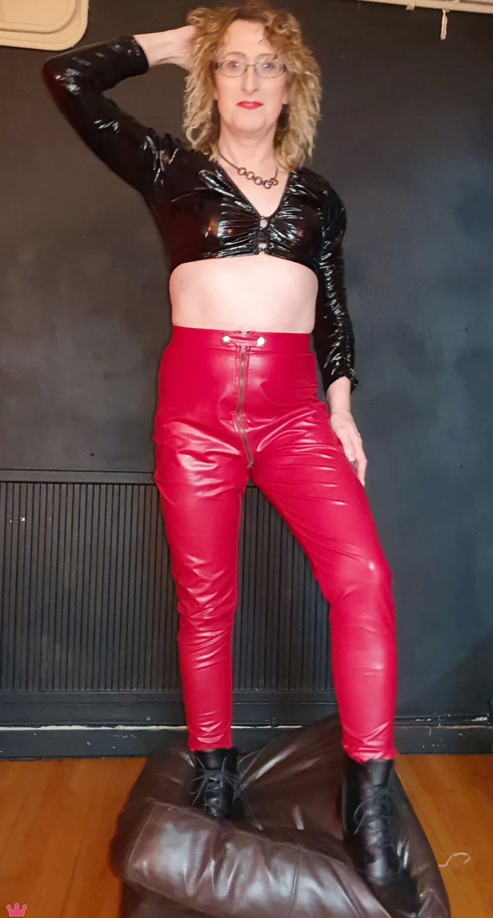 Black and Red Shiny PVC Fetish With Black Heel Ankle Boots