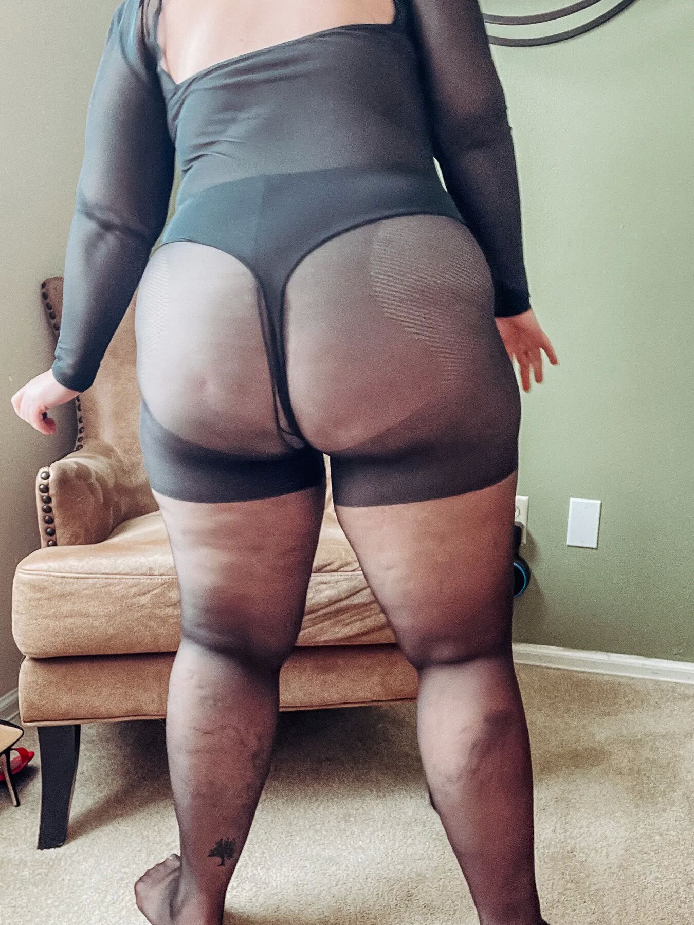 Gorgeous BBW in a black body suit see through Lace Sheer