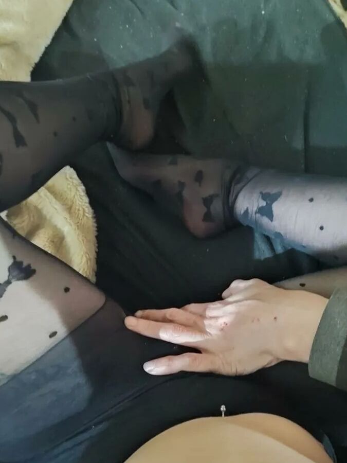 Black nylons pantyhose,feet footfetish,red nails and tits