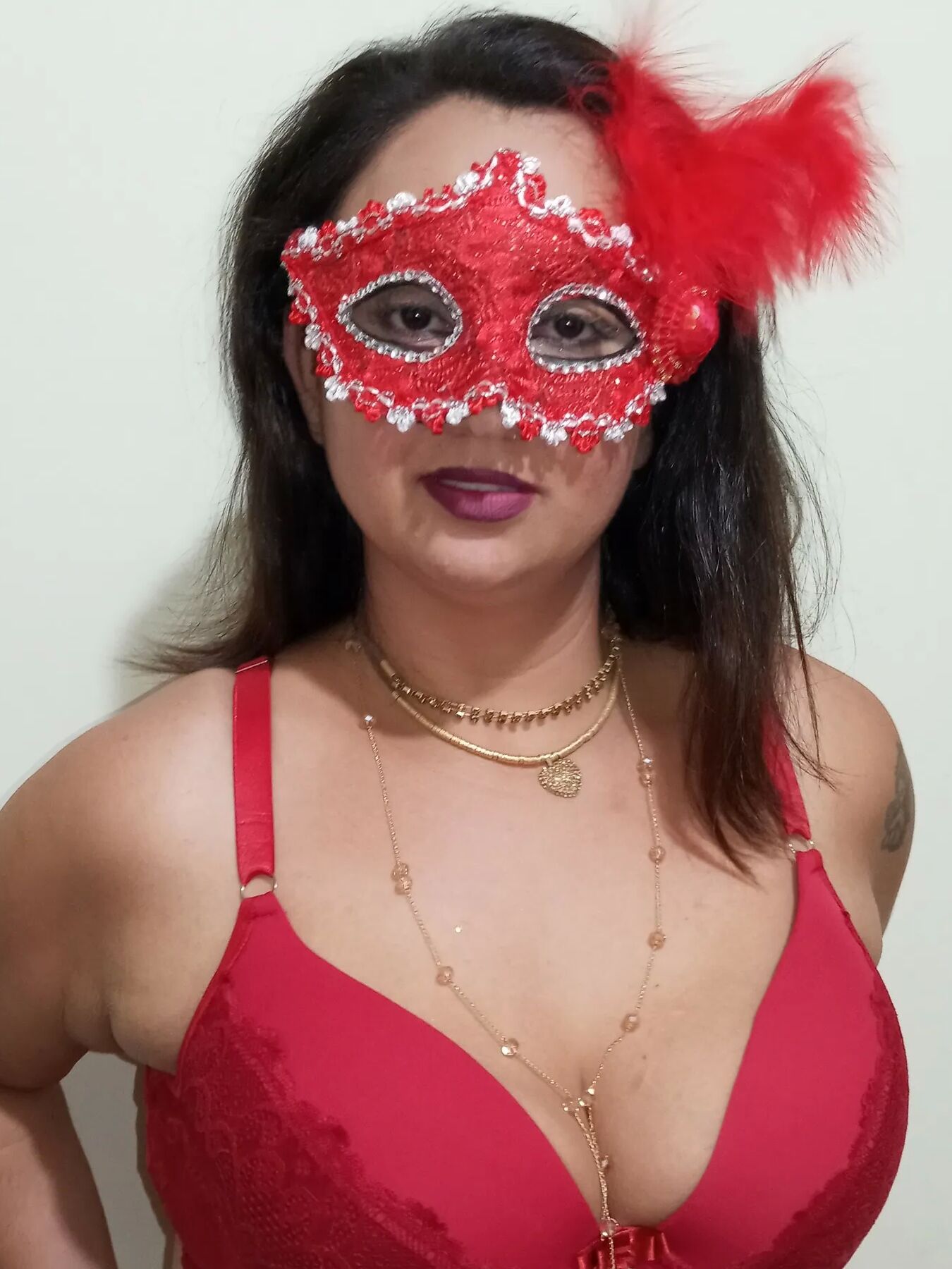 SHOWING OFF WEARING RED LINGERIE...