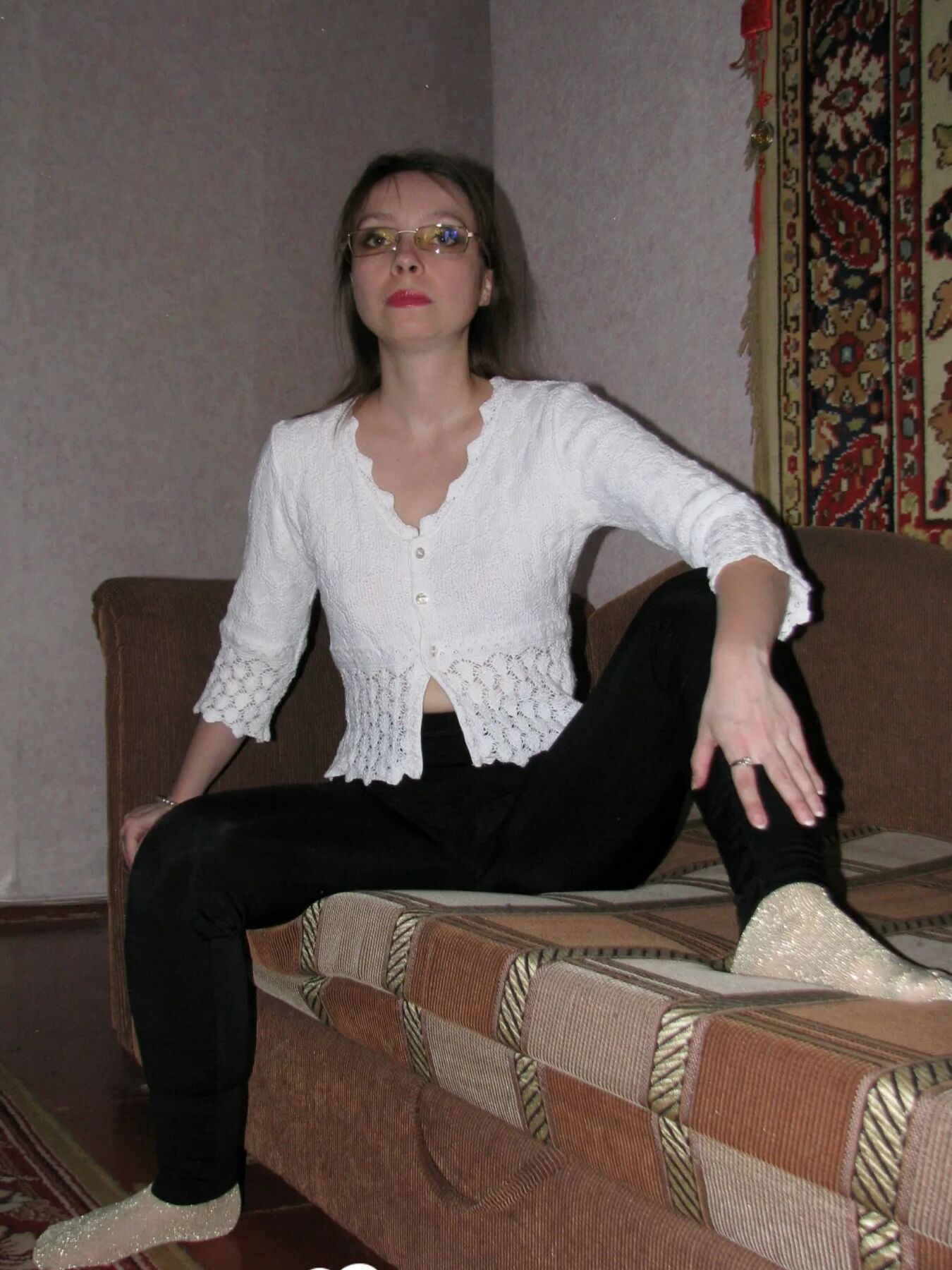 Nerdy babe keeps her sparkly socks on