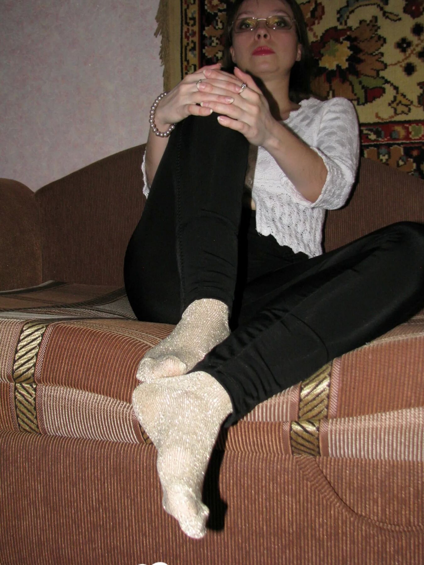 Nerdy babe keeps her sparkly socks on