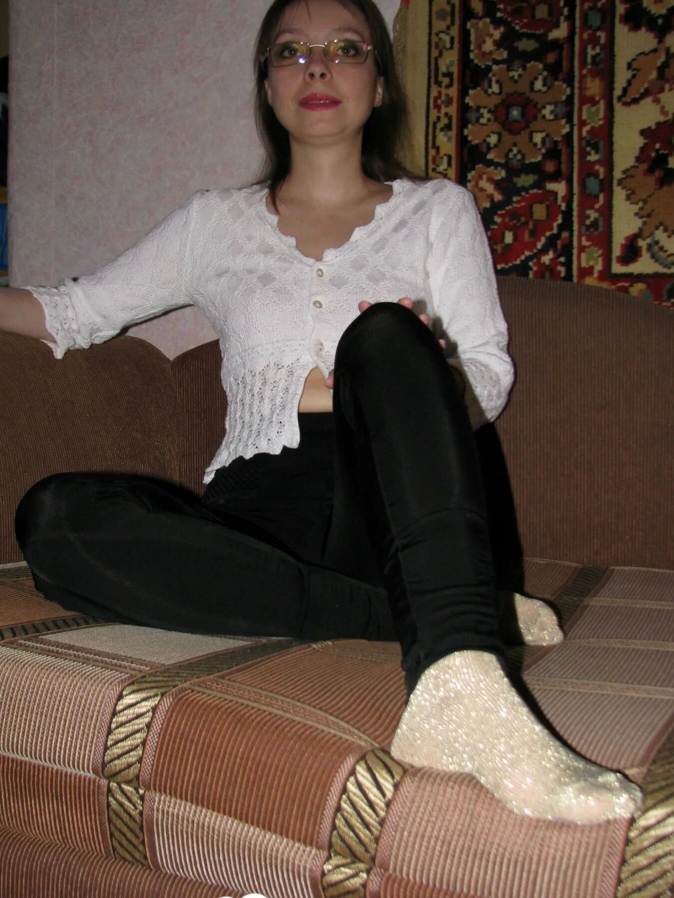 Nerdy babe keeps her sparkly socks on