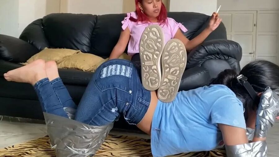 Ball Gagged Bunny Slave Used As Footrest By Mistress